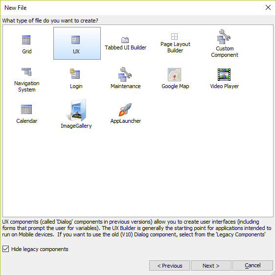 Creating a new UX Component from the New File dialog.